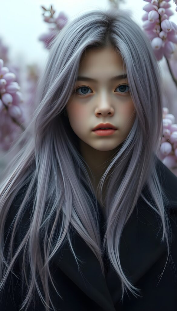 a young detailed and realistic adult tomboy girl with long straight soft lilac colored hair, sweet face, she smells of lilac, lilac flowers in backdrop. Black coat.