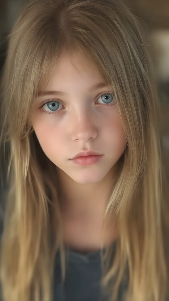 a young detailed and realistic adult tomboy girl with super long and straight soft amber hair, sweet round face and deep blue realistic eyes