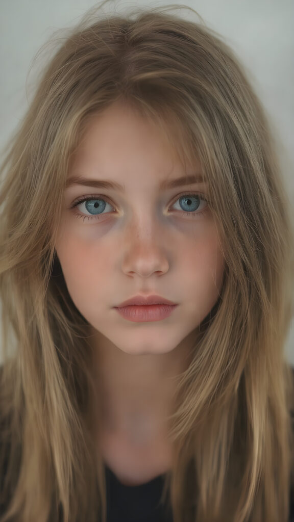 a young detailed and realistic adult tomboy girl with super long and straight soft amber hair, sweet round face and deep blue realistic eyes