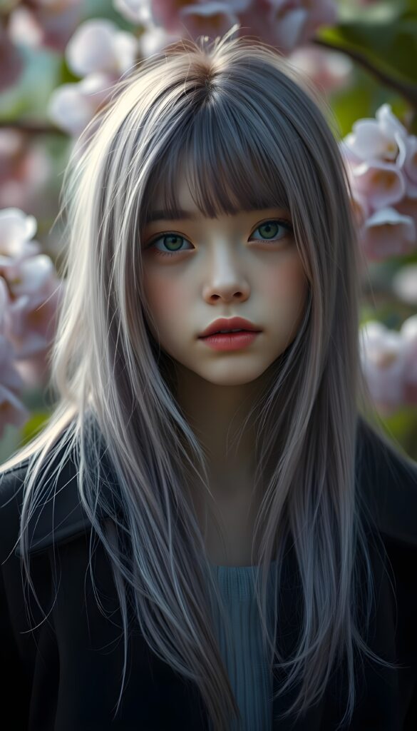 a young detailed and realistic adult tomboy girl with long straight soft lilac colored hair, sweet face, she smells of lilac, lilac flowers in backdrop. Black coat.