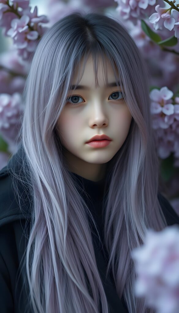 a young detailed and realistic adult tomboy girl with long straight soft lilac colored hair, sweet face, she smells of lilac, lilac flowers in backdrop. Black coat.
