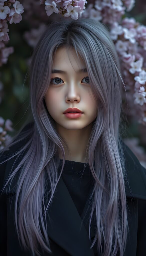 a young detailed and realistic adult tomboy girl with long straight soft lilac colored hair, sweet face, she smells of lilac, lilac flowers in backdrop. Black coat.