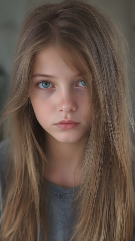 a young detailed and realistic adult tomboy girl with super long and straight soft amber hair, sweet round face and deep blue realistic eyes