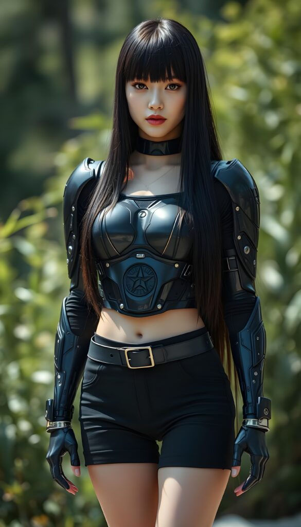a young female cyborg in a black armor with long silky black straight hair, short black pants, bangs hairstyle, straight shiny full open hair, full lips, soft face, long legs, sunny green backdrop
