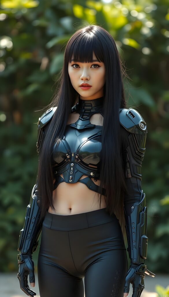 a young female cyborg in a black armor with long silky black straight hair, short black pants, bangs hairstyle, straight shiny full open hair, full lips, soft face, long legs, sunny green backdrop