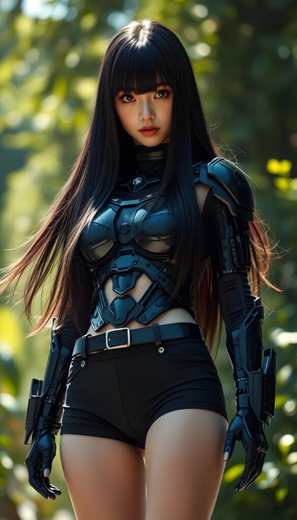 a young female cyborg in a black armor with long silky black straight hair, short black pants, bangs hairstyle, straight shiny full open hair, full lips, soft face, long legs, sunny green backdrop