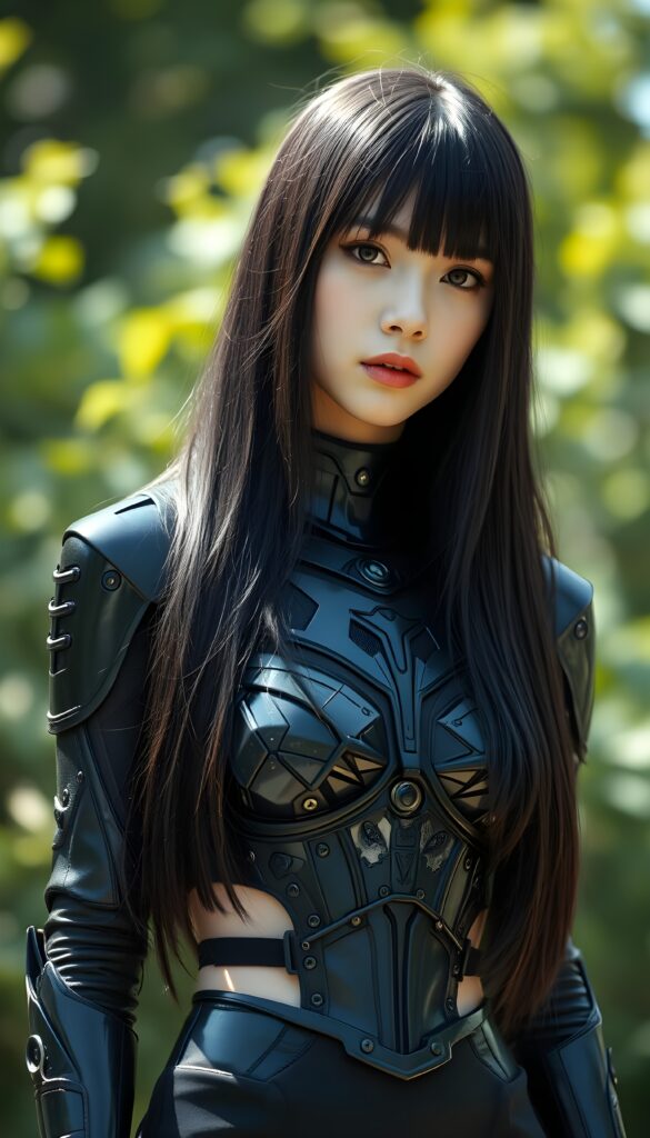 a young female cyborg in a black armor with long silky black straight hair, short black pants, bangs hairstyle, straight shiny full open hair, full lips, soft face, long legs, sunny green backdrop