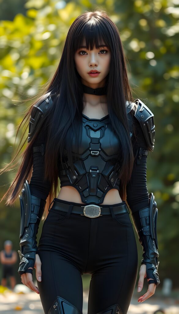 a young female cyborg in a black armor with long silky black straight hair, short black pants, bangs hairstyle, straight shiny full open hair, full lips, soft face, long legs, sunny green backdrop