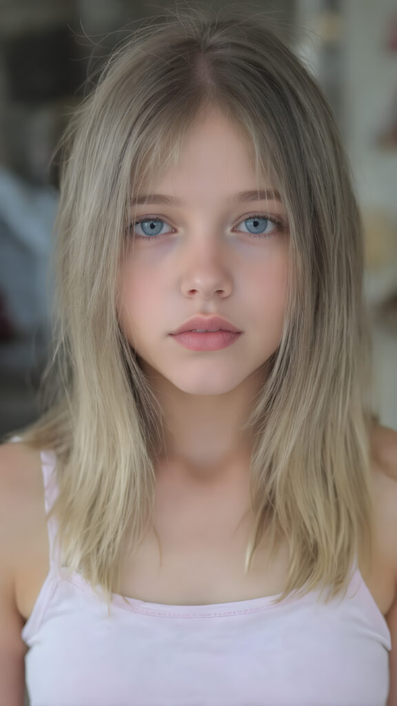 a (((young girl))), wears a short cropped tank top, straight soft brown and blonde long hair, ((round face)), full kissable lips, looks like a Lolita, cute, gorgeous, stunning