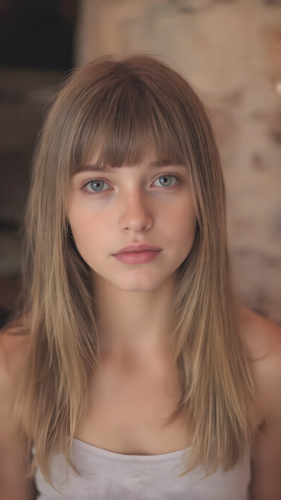 a (((young girl))), wears a short cropped tank top, straight soft long hair, ((round face)), full kissable lips, looks like a Lolita