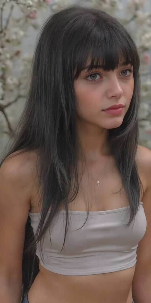 a (((young girl))), with long, straight, thick, wavy, jet, shiny black-brown hair, bangs cut frame her face, wearing a (((high cut, tight, spaghetti tank top))), posing perfect, ((accentuating her ((navel)) and (soft, youthful thighs))), (((full body side view))) ((natural spring backdrop))