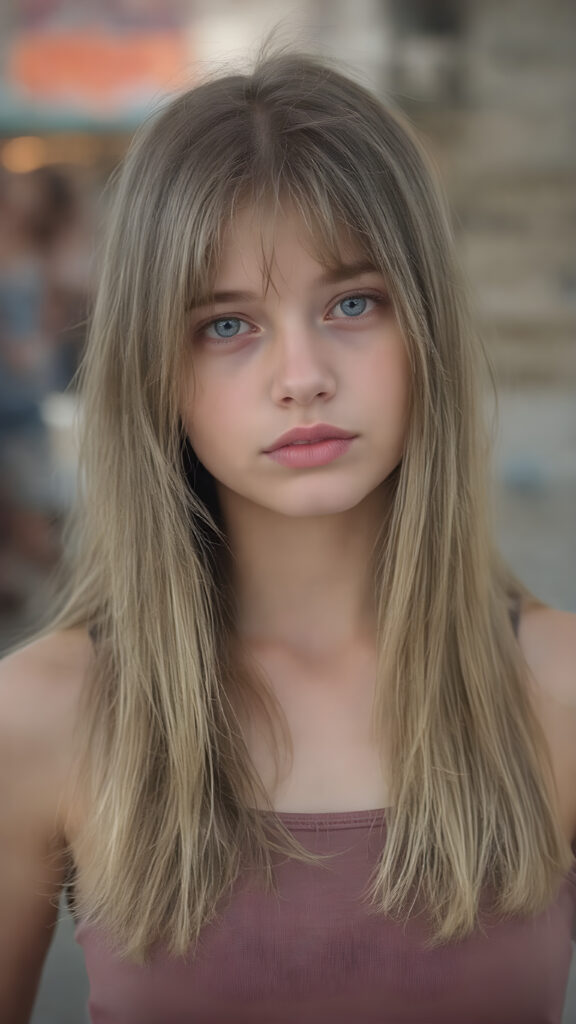 a (((young girl))), wears a short cropped tank top, straight soft long hair, ((round face)), full kissable lips, looks like a Lolita