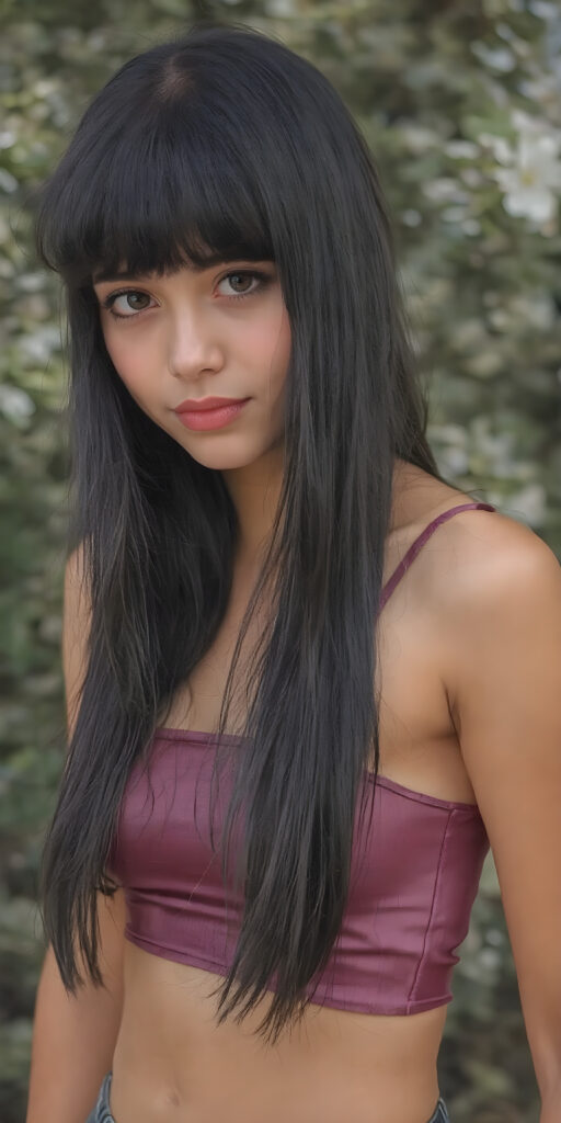 a (((young girl))), with long, straight, thick, wavy, jet, shiny black-brown hair, bangs cut frame her face, wearing a (((high cut, tight, spaghetti tank top))), posing perfect, ((accentuating her ((navel)) and (soft, youthful thighs))), (((full body side view))) ((natural spring backdrop))