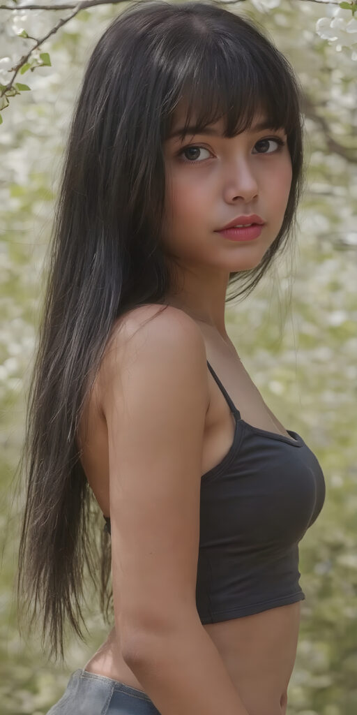 a (((young girl))), with long, straight, thick, wavy, jet, shiny black-brown hair, bangs cut frame her face, wearing a (((high cut, tight, spaghetti tank top))), posing perfect, ((accentuating her ((navel)) and (soft, youthful thighs))), (((full body side view))) ((natural spring backdrop))