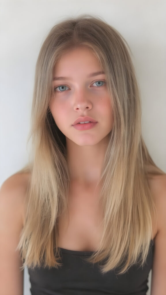 a (((young girl))), wears a short cropped tank top, straight soft brown and blonde long hair, ((round face)), full kissable lips, looks like a Lolita, cute, gorgeous, stunning