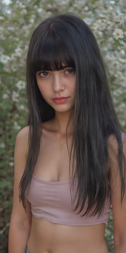 a (((young girl))), with long, straight, thick, wavy, jet, shiny black-brown hair, bangs cut frame her face, wearing a (((high cut, tight, spaghetti tank top))), posing perfect, ((accentuating her ((navel)) and (soft, youthful thighs))), (((full body side view))) ((natural spring backdrop))