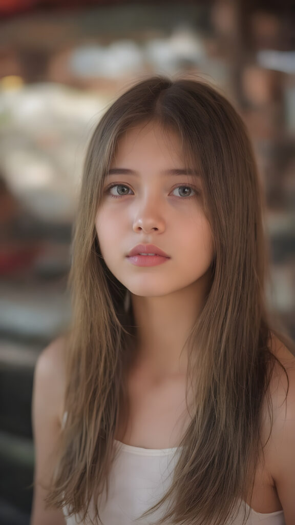 a (((young girl))), wears a short cropped tank top, straight soft long hair, ((round face)), full kissable lips, looks like a Lolita