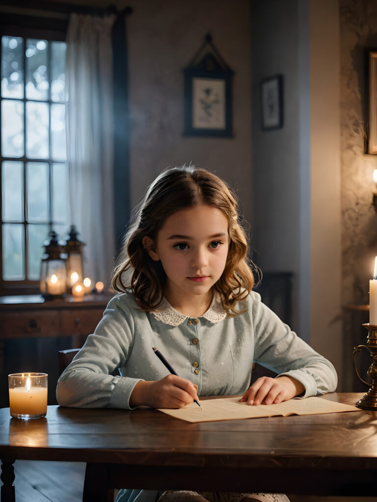 a (((young girl))) sitting at a (((table))) writing a letter, surrounded by a (((mysterious atmosphere))), with dim light softly illuminating the room and casting a haunting glow that adds to the (serenity and melancholy)