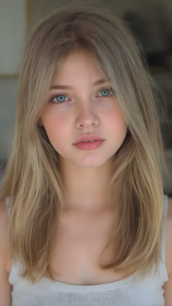 a (((young girl))), wears a short cropped tank top, straight soft brown and blonde long hair, ((round face)), full kissable lips, looks like a Lolita, cute, gorgeous, stunning