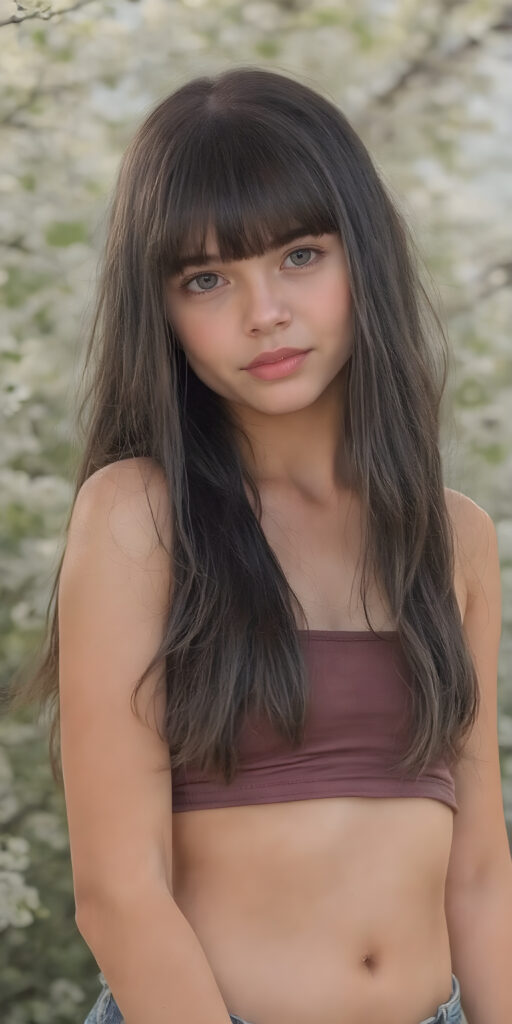 a (((young girl))), with long, straight, thick, wavy, jet, shiny black-brown hair, bangs cut frame her face, wearing a (((high cut, tight, spaghetti tank top))), posing perfect, ((accentuating her ((navel)) and (soft, youthful thighs))), (((full body side view))) ((natural spring backdrop))