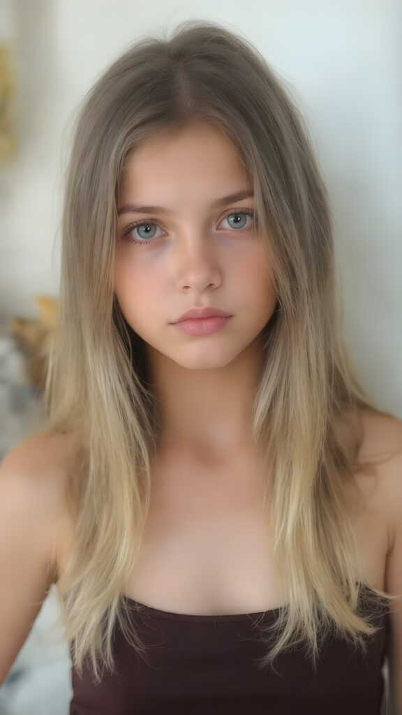 a (((young girl))), wears a short cropped tank top, straight soft brown and blonde long hair, ((round face)), full kissable lips, looks like a Lolita, cute, gorgeous, stunning