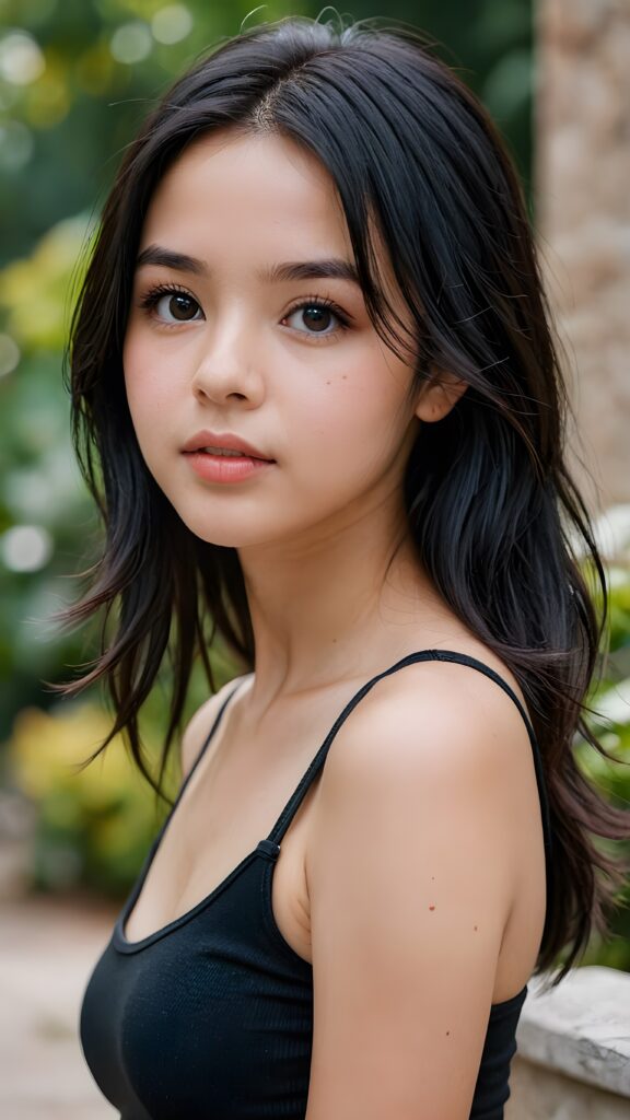 a (((young girlie))), wears a short cropped black tank top, straight soft long black hair, ((round face)), full kissable lips, round eyes, perfect skin and perfect curved body
