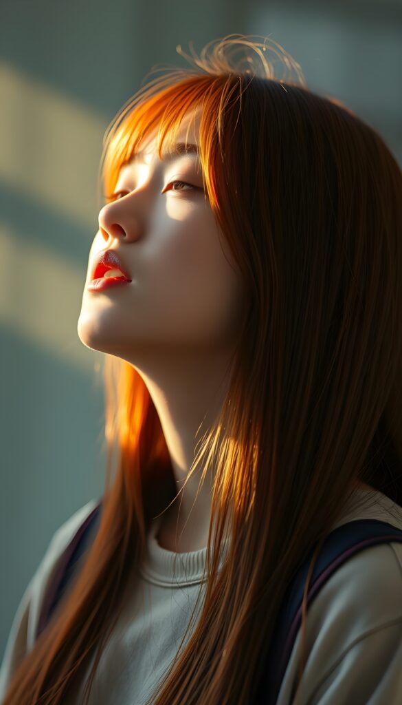 a young girl, Asian touch, looks up, closed eyes, long red straight hair falls down to her back, the sun kiss her round face, open mouth