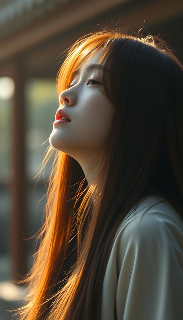 a young girl, Asian touch, looks up, closed eyes, long red straight hair falls down to her back, the sun kiss her round face, open mouth