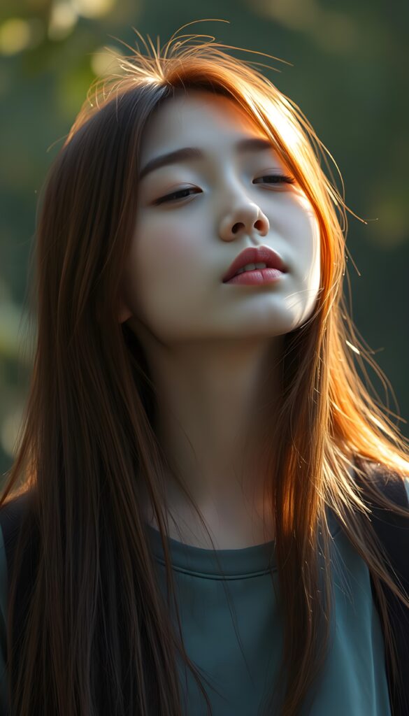 a young girl, Asian touch, looks up, closed eyes, long red straight hair falls down to her back, the sun kiss her round face, open mouth