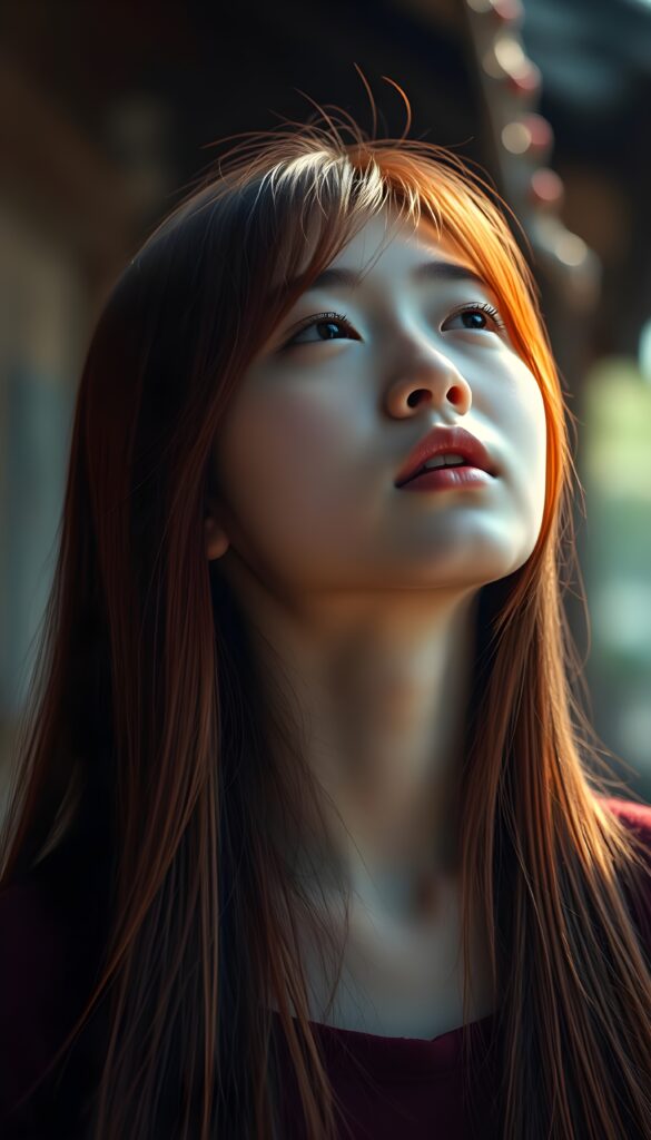 a young girl, Asian touch, looks up, closed eyes, long red straight hair falls down to her back, the sun kiss her round face, open mouth