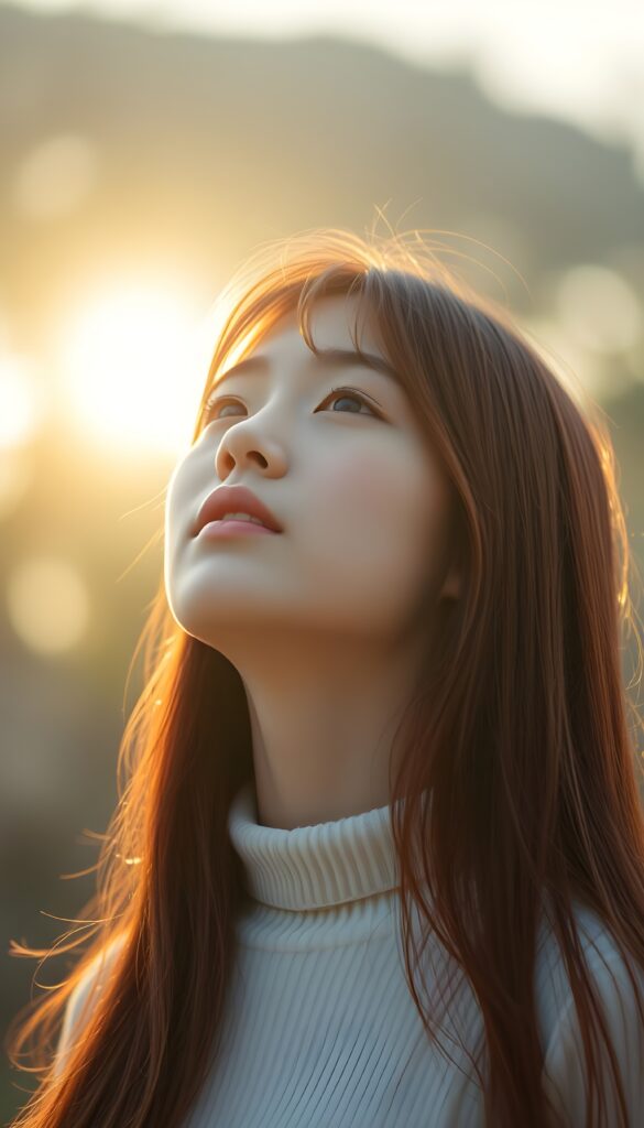 a young girl, Asian touch, looks up, closed eyes, long red straight hair falls down to her back, the sun kiss her round face, open mouth