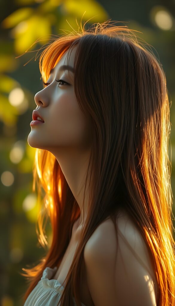 a young girl, Asian touch, looks up, closed eyes, long red straight hair falls down to her back, the sun kiss her round face, open mouth