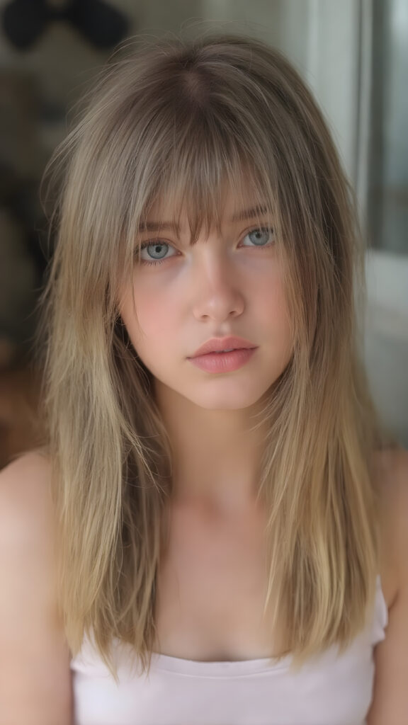 a (((young girl))), wears a short cropped tank top, straight soft brown and blonde long hair, ((round face)), full kissable lips, looks like a Lolita, cute, gorgeous, stunning