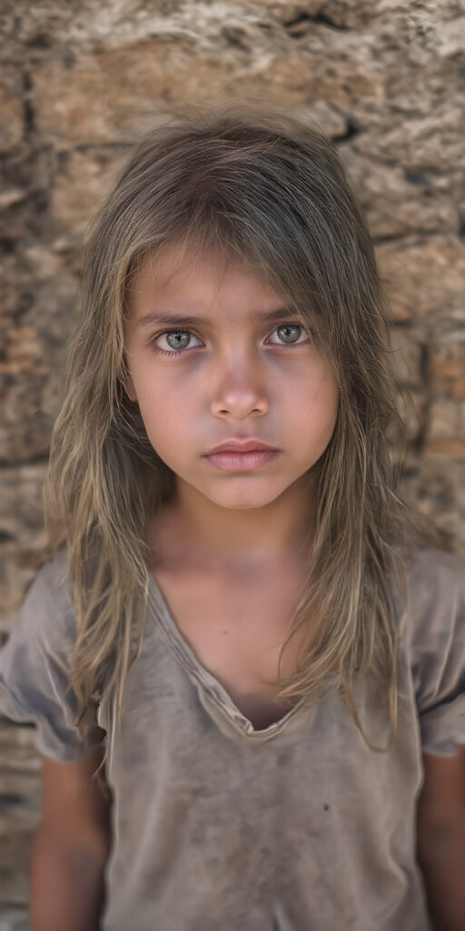 a young girl, barely dressed in torn clothes, poor, looking sadly at the viewer, long, dirty long messy hair, full lips, round face, tattered short grey t-shirt, full body, stand in front of viewer, all against a brick wall