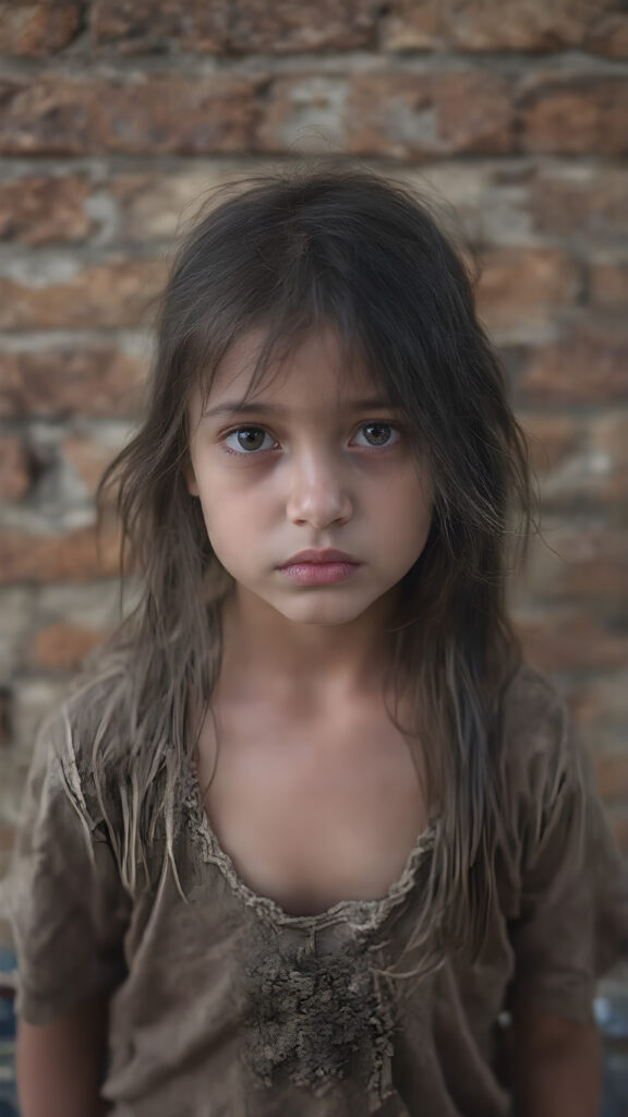 a young girl, barely dressed in torn clothes, poor, looking sadly at the viewer, long, dirty black hair, full lips, round face, tattered short t-shirt, full body, stand in front of viewer, all against a brick wall