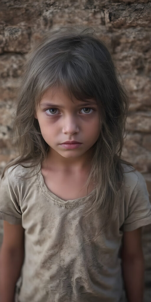 a young girl, barely dressed in torn clothes, poor, looking sadly at the viewer, long, dirty long messy hair, full lips, round face, tattered short grey t-shirt, full body, stand in front of viewer, all against a brick wall