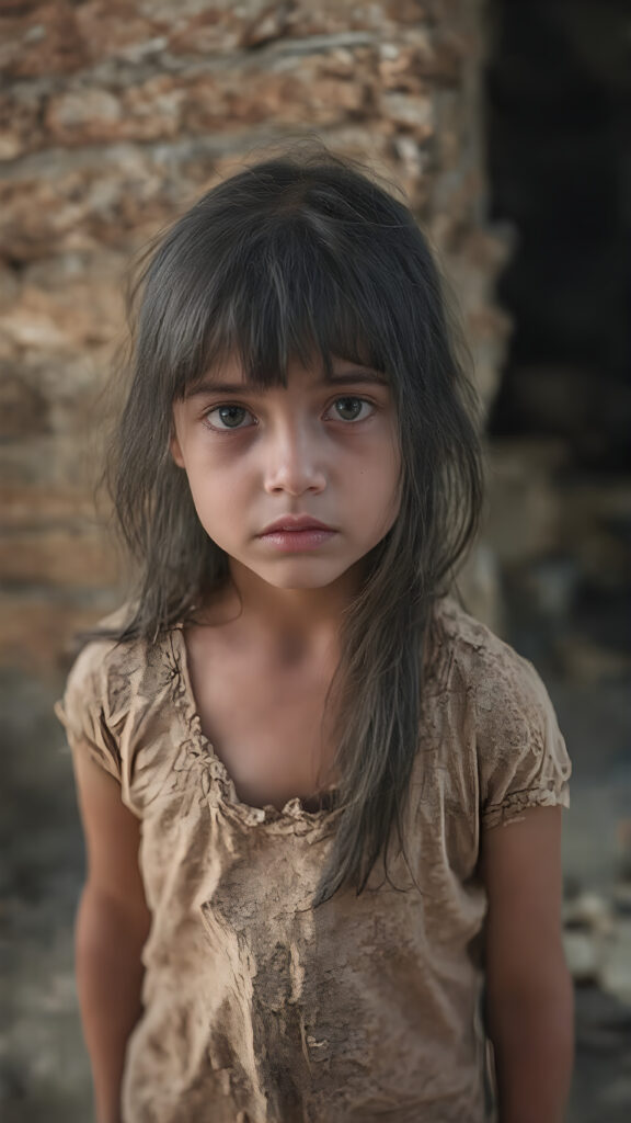 a young girl, barely dressed in torn clothes, poor, looking sadly at the viewer, long, dirty black hair, full lips, round face, tattered short t-shirt, full body, stand in front of viewer, all against a brick wall