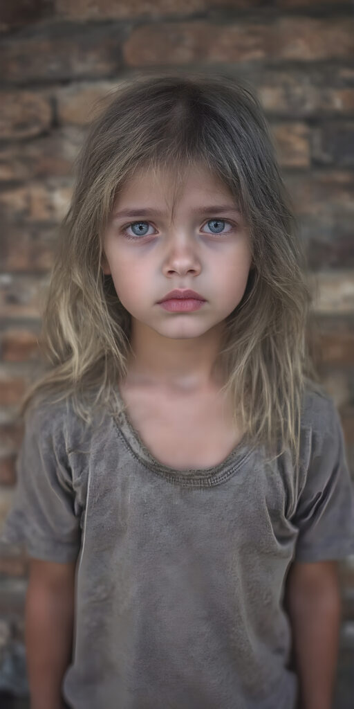 a young girl, barely dressed in torn clothes, poor, looking sadly at the viewer, long, dirty long messy hair, full lips, round face, tattered short grey t-shirt, full body, stand in front of viewer, all against a brick wall