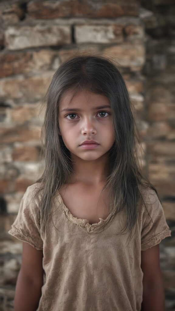 a young girl, barely dressed in torn clothes, poor, looking sadly at the viewer, long, dirty black hair, full lips, round face, tattered short t-shirt, full body, stand in front of viewer, all against a brick wall