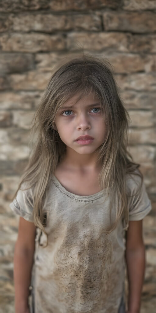 a young girl, barely dressed in torn clothes, poor, looking sadly at the viewer, long, dirty long messy hair, full lips, round face, tattered short grey t-shirt, full body, stand in front of viewer, all against a brick wall