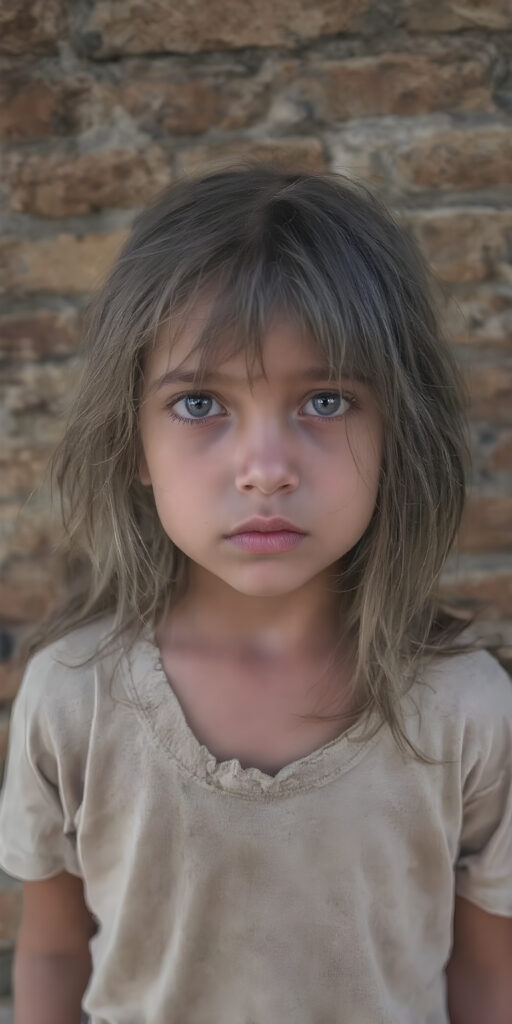 a young girl, barely dressed in torn clothes, poor, looking sadly at the viewer, long, dirty long messy hair, full lips, round face, tattered short grey t-shirt, full body, stand in front of viewer, all against a brick wall