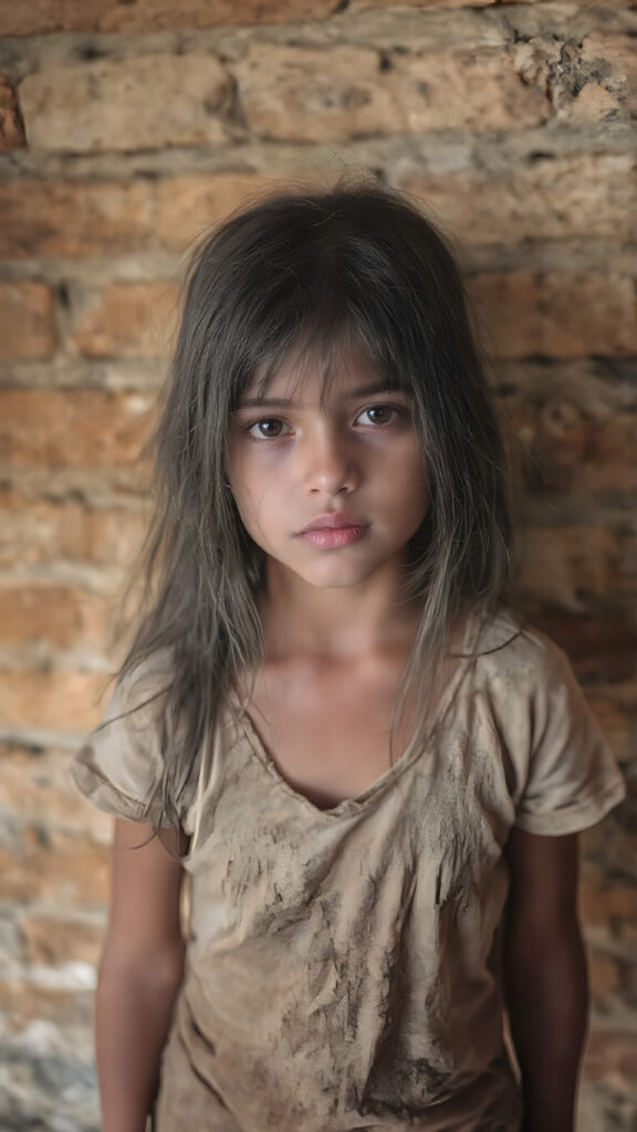 a young girl, barely dressed in torn clothes, poor, looking sadly at the viewer, long, dirty black hair, full lips, round face, tattered short t-shirt, full body, stand in front of viewer, all against a brick wall