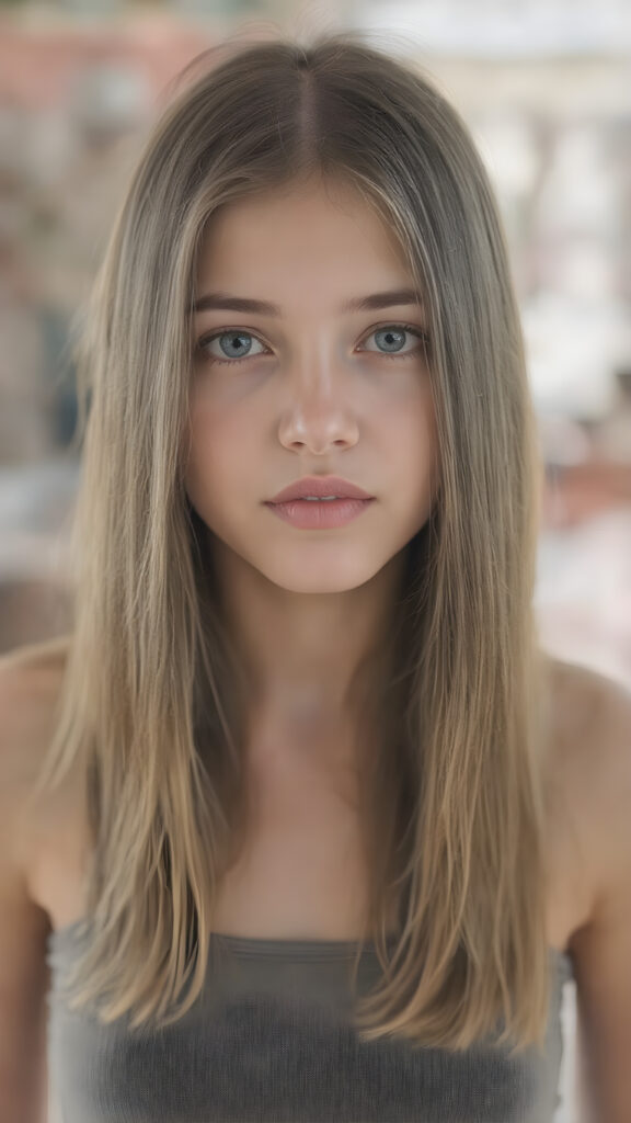 a (((young girl))), wears a short cropped tank top, straight soft long hair, ((round face)), full kissable lips, looks like a Lolita