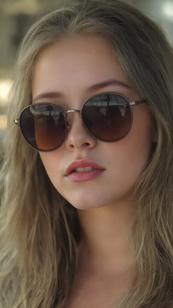 a young girl, flawless pale skin, long wavy hair falling elegantly over her body, full plump red lips, tinted sunglasses