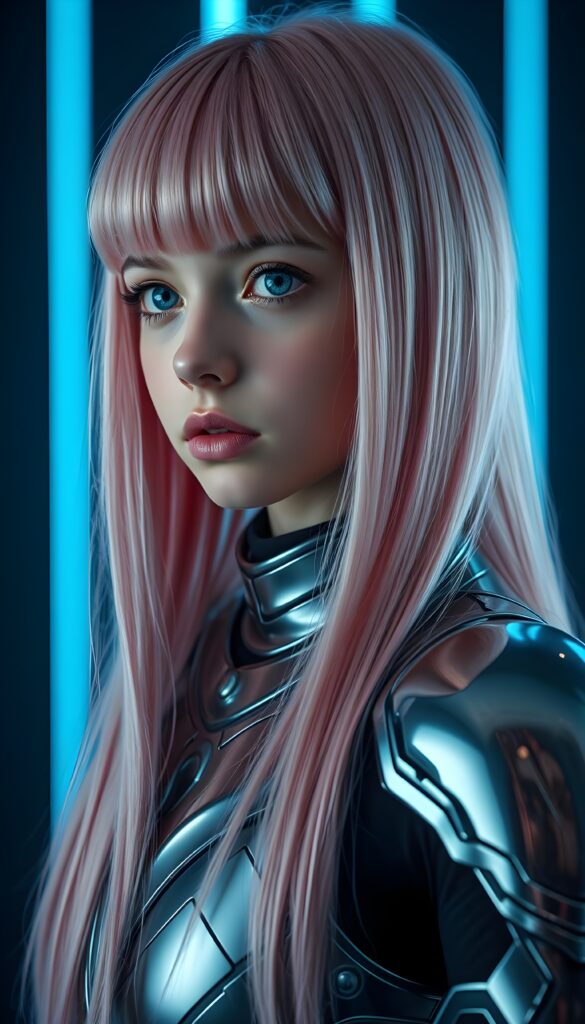 a young girl, futuristic armor made of platinum, she has long straight pink hair falls down in the same length, full body shot, dark blue neon backdrop, crystal clear blue eyes. Bangs cut frame her face. Flawless skin. Full kissable plump red lips. Slightly side view.