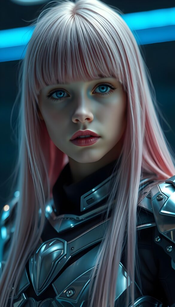 a young girl, futuristic armor made of platinum, she has long straight pink hair falls down in the same length, full body shot, dark blue neon backdrop, crystal clear blue eyes. Bangs cut frame her face. Flawless skin. Full kissable plump red lips. Slightly side view.