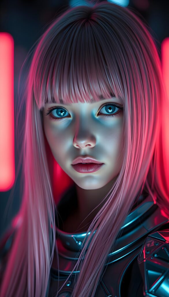 a young girl, futuristic armor made of platinum, she has long straight pink hair falls down in the same length, full body shot, dark blue neon backdrop, crystal clear blue eyes. Bangs cut frame her face. Flawless skin. Full kissable plump red lips. Slightly side view.