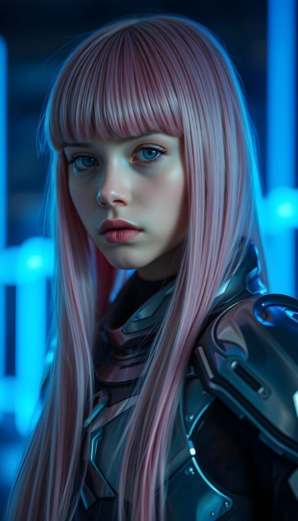 a young girl, futuristic armor made of platinum, she has long straight pink hair falls down in the same length, full body shot, dark blue neon backdrop, crystal clear blue eyes. Bangs cut frame her face. Flawless skin. Full kissable plump red lips. Slightly side view.
