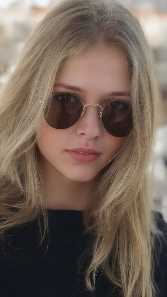 a young girl, flawless pale skin, long wavy hair falling elegantly over her body, full plump red lips, tinted sunglasses