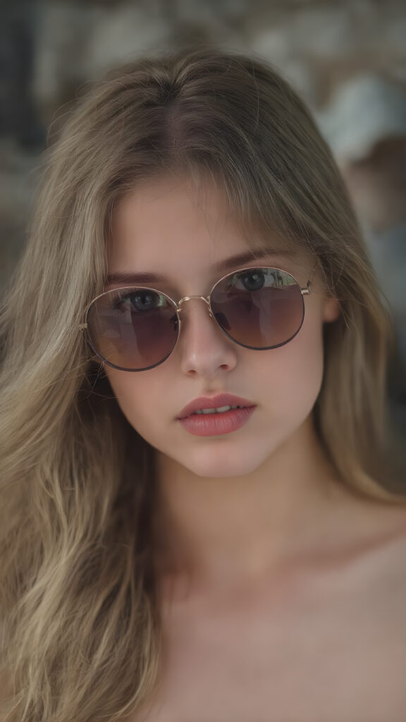 a young girl, flawless pale skin, long wavy hair falling elegantly over her body, full plump red lips, tinted sunglasses